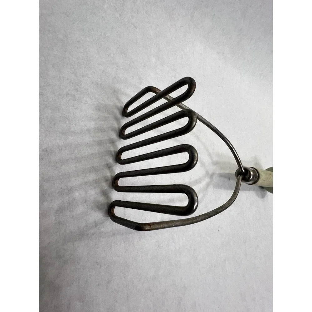 Vintage Potato Masher Zig Zag Wire Green Wood Handle Antique Kitchen Tool